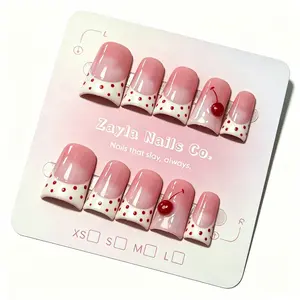Cherry Flare Duck Feet Press On Nails, Short French Tip Fake Nails with Red Polka Dots, Nude Pink Glossy Acrylic Nails, Reusable Glue On Nails for Women