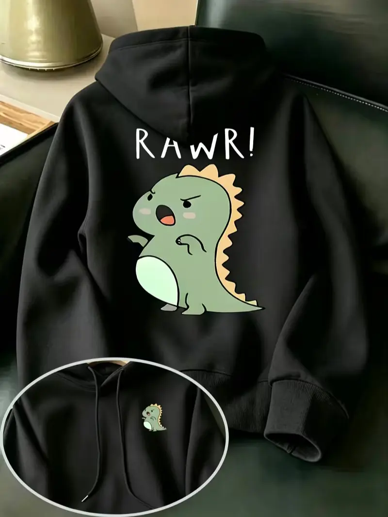 Rawr Cute Angry Dinosaur Double‑Sided Back & Chest Print Fleece Hoodie, Cartoon Fun Pullover Hooded Sweatshirt, Daily Holiday Gift