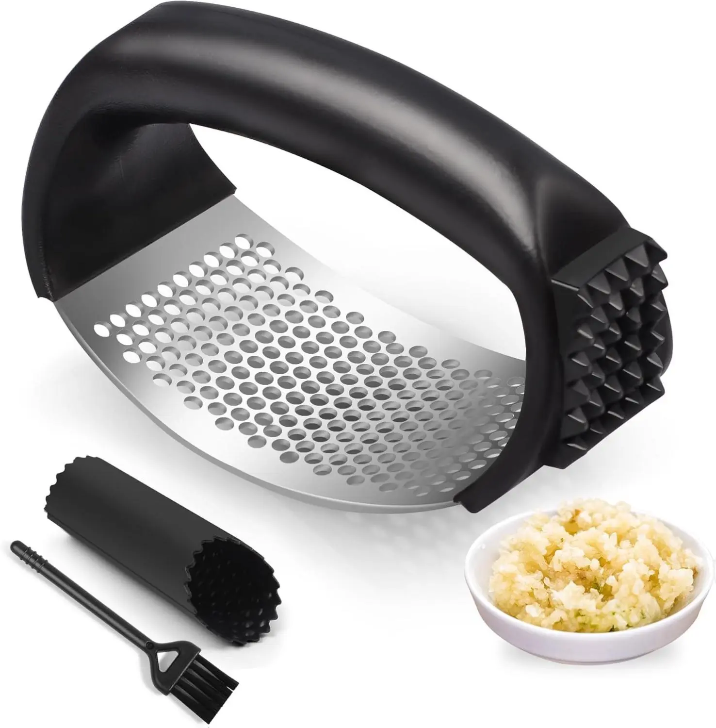 Stainless Steel Rustproof Food Grade Garlic Press Rocker - Durable Kitchen Gadget with Integrated Peeler, Cleaning Brush, Ergonomic Design for Easy Pressing, Handheld Scoop, Easy Maintenance Cooking Utensil