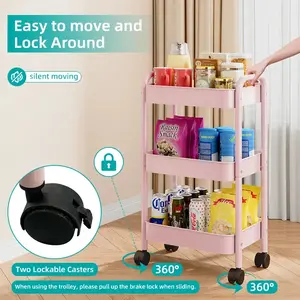 Basics 3-Tier Rolling Utility or Kitchen Cart, Lockable Wheels, Multifunctional Storage, Metal Storage Organizer, Portable, Dusty Pink（ food storage organizer，  utility cart organizer     ）