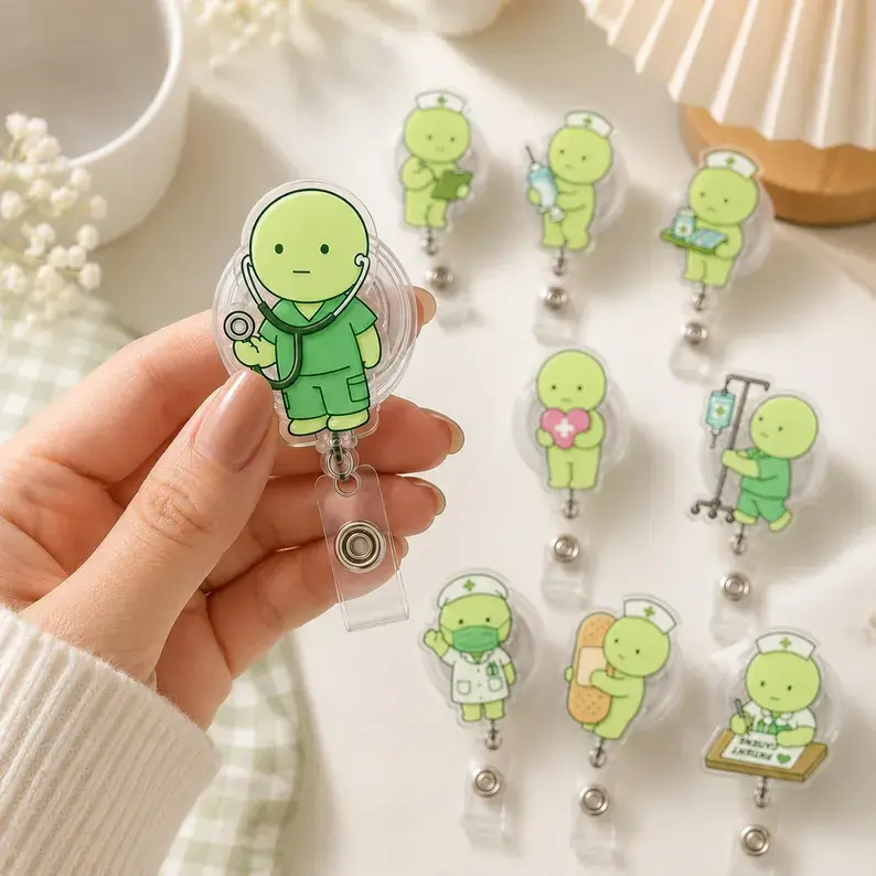 Kawaii Green Guy Nurse Badge Reel, Green Guy Matcha Badge Reel ID Holder, Green Guy Nurse Gift, ICU RN Er Nurse Badge Reel