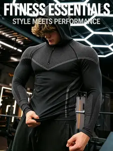 Men's Sporty Long Sleeve Hoodie, Blue Mesh Patch Half-Zip Design, High Elasticity Dry Fit Stretch Quick-Dry Breathable Fabric, Ideal for Gym Training