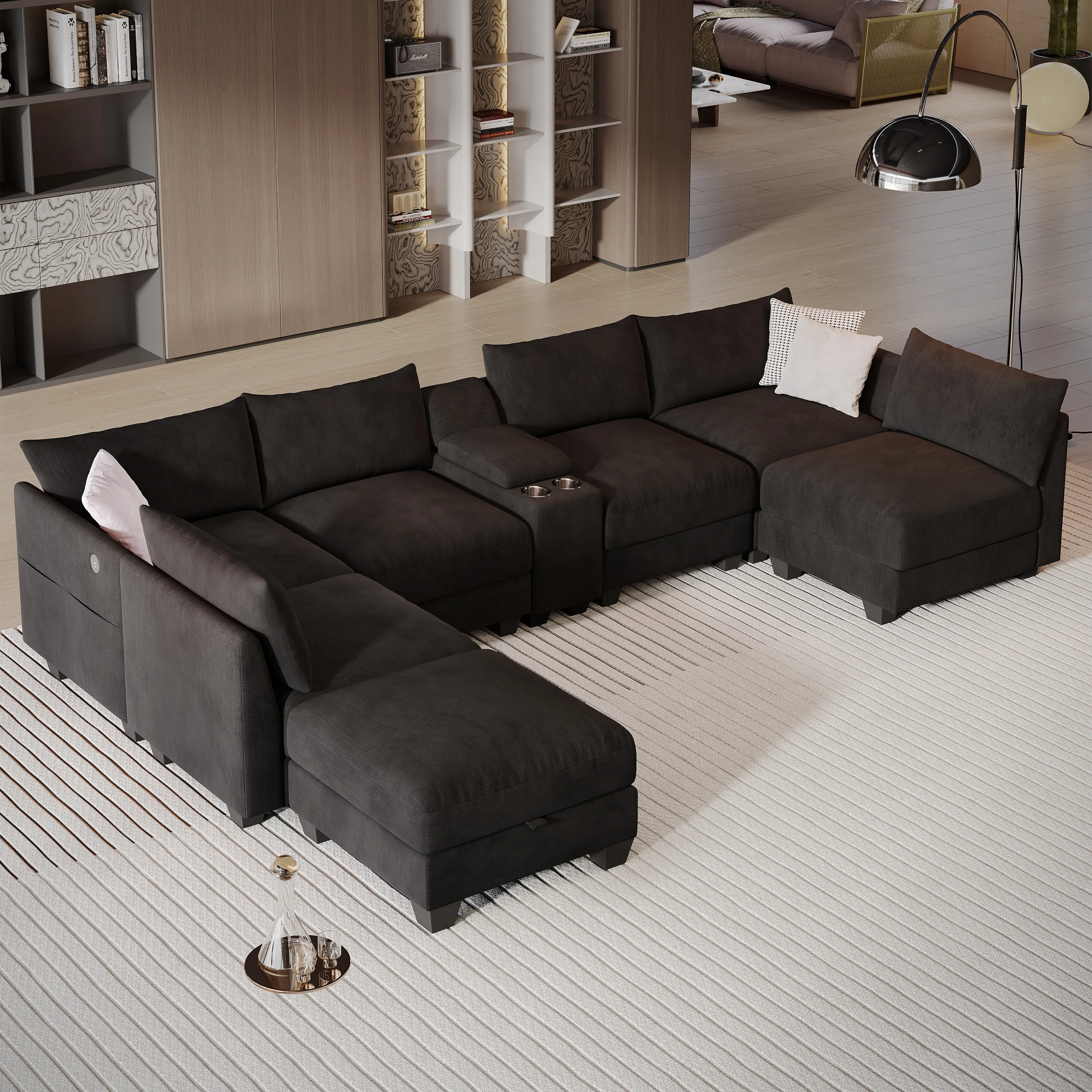 136.2" Oversized Modular Linen Sectional Sofa with Storage Ottoman & Cup Holders, Built-in USB Charging Port, U-Shaped Foam Filled 7 Seater Couches for Living Room
