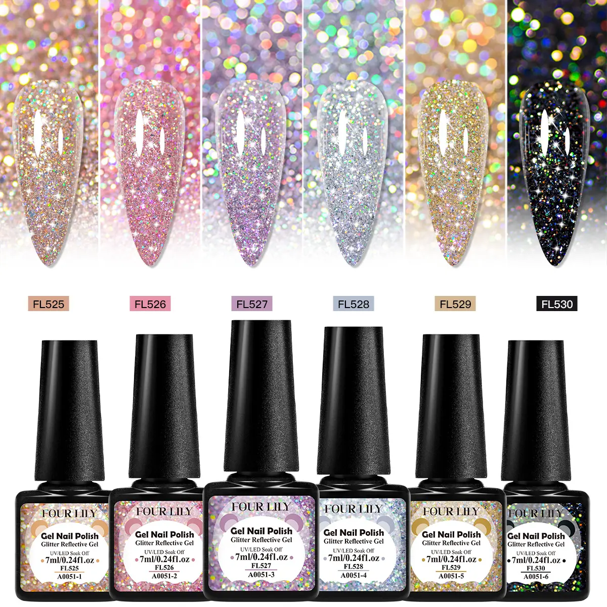 FOURLILY 6pcs Reflective Glitter Gel Nail Polish Set, Gel Polish Sets, Hypoallergenic Sparkling Sequins Diamond Nail Gel Long Lasting, Alcohol-free, Soak Off UV LED, Nail Art Gift for Women & Girls, Manicure Nail Products