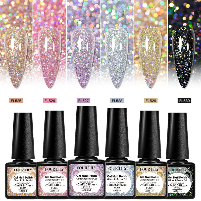 FOURLILY 6pcs Reflective Glitter Gel Nail Polish Set, Gel Polish Sets, Hypoallergenic Sparkling Sequins Diamond Nail Gel Long Lasting, Alcohol-free, Soak Off UV LED, Nail Art Gift for Women & Girls, Manicure Nail Products