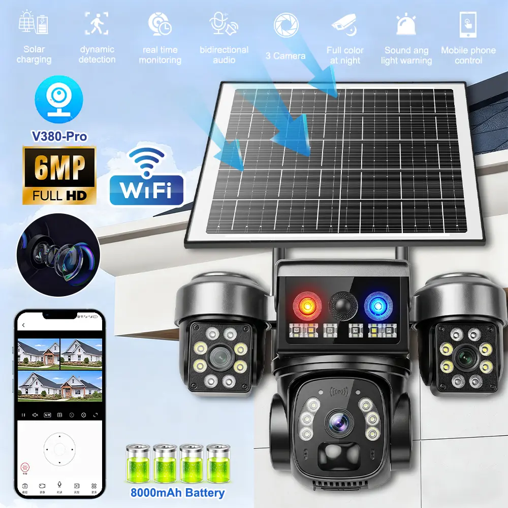 4K Wireless Solar Security Camera Outdoor, Triple Lens PTZ Surveillance Camera, Motion Detection, Two-Way Audio, Night Vision, 2.4G WiFi, Audio Alarm, Remote Monitoring