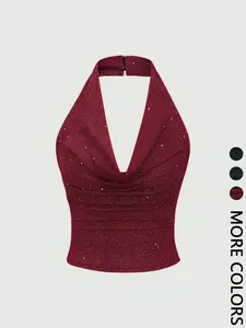 Women's Halter Top  Sparkle Glitter Shiny Ruched Blouse - Party Outfit Essential,GlamFashion