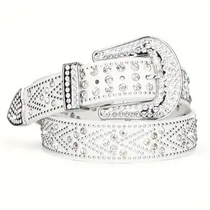 Ring  necklace  watch  scarf Embellished Rhinestone Belt Featuring a Metal Buckle, Sparkling Y2K Western-Style Faux Leather Belt Suitable for Both Men And Women.
