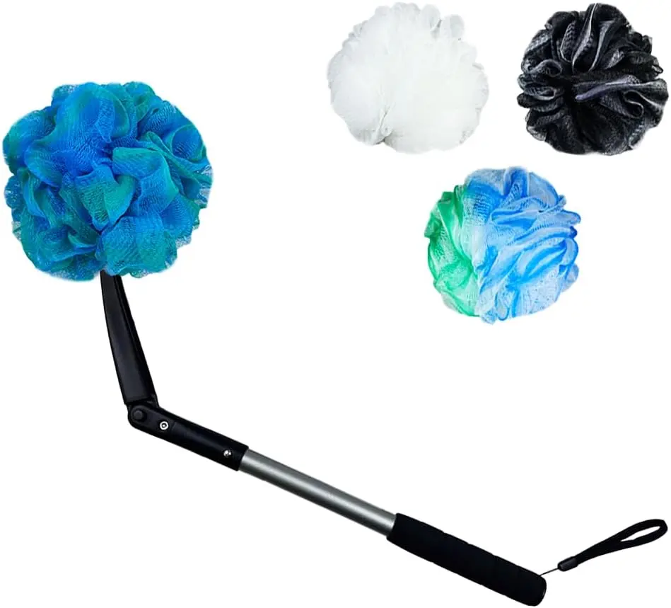 Long Handled Loofah witn Sponges by Shower Bouquet,Back Scrubber & Bath Sponges,Body Exfoliator Luffa on a Stick,for Elderly & Disabled, Soft Loofah for Bathing Men & Women