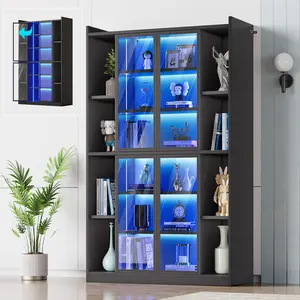 SEDETA 64 Inch Display Cabinet with Glass Doors 6 Tier Tall Bookcase with LED Lights Curio Cabinet with Adjustable Shelves