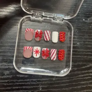 Press on Gel-X Nails Christmas Theme with Glue Cuticle Pusher Nail File Red White Stripes Bow Design
