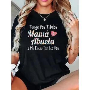 1pc Women'S Cotton Crew Neck T-Shirt With "Tengo Dos Titulos Mamá Y Abuela Y Me Encantan Los Dos" Print, Casual Short Sleeve Graphic Tee For All Seasons, Regular Length Knit Fabric
