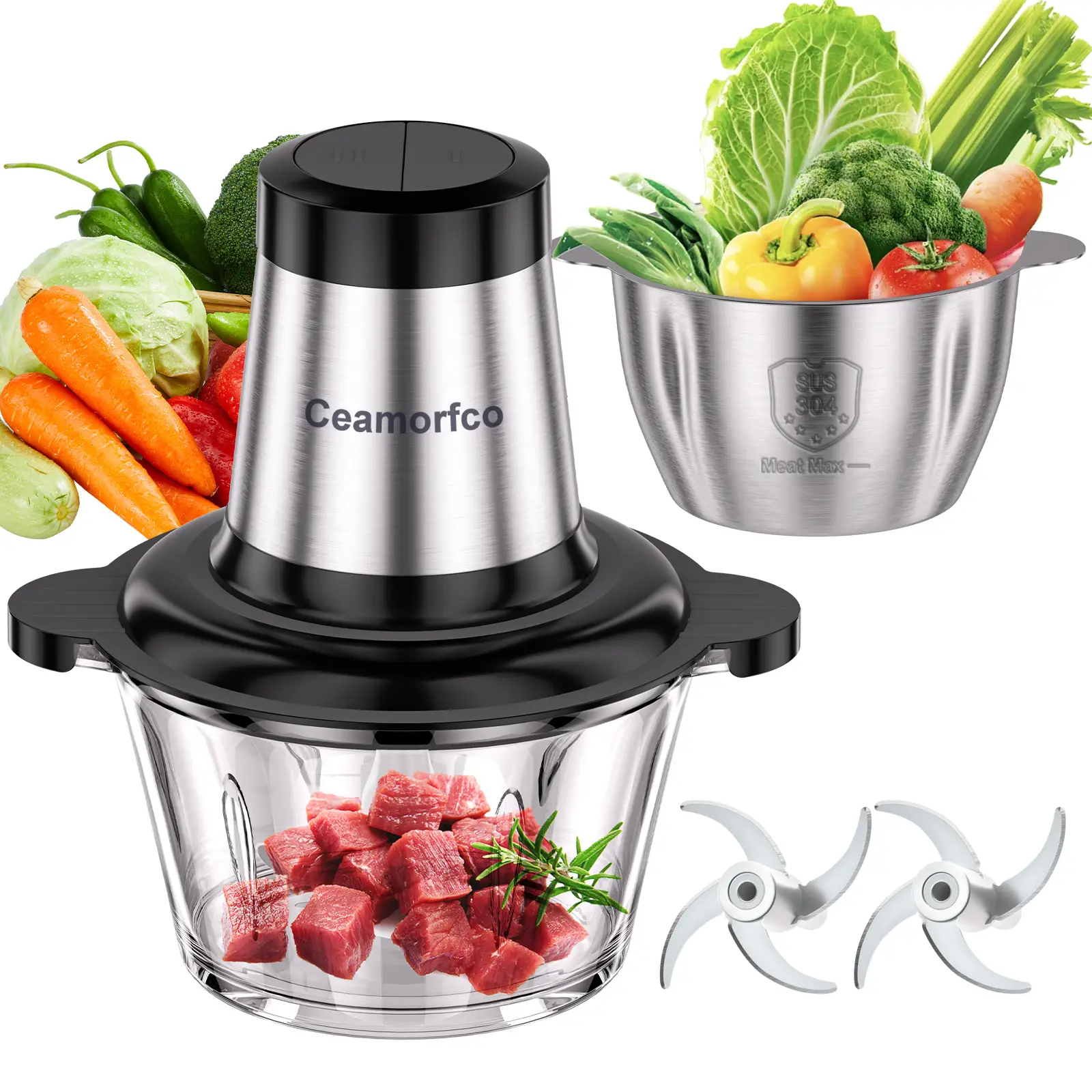 ceamorfco Food Processors, Electric Food Chopper with Meat Grinder & Vegetable Chopper - 2 Bowls (8 Cup+8 Cup) with Powerful 450W Copper Motor - Inclu