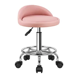 KKTONER PU Leather Round Rolling Stool with Foot Rest Height Adjustable Swivel Drafting Work SPA Task Chair with Wheels Pink Modern Design Sturdy Durable Convenient Versatile Ergonomic Furniture