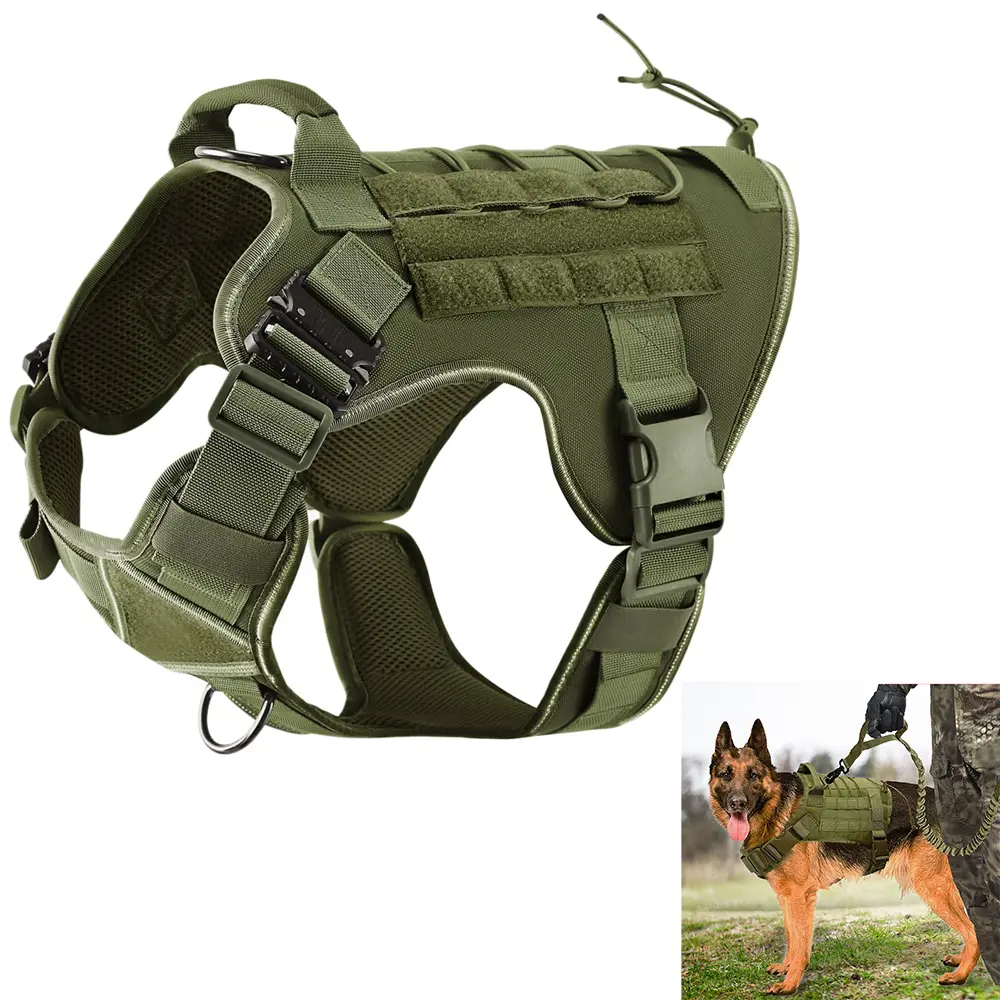 Tactical Dog Harness - 2X Metal Buckles, Military Reflective Vest with Hidden AirTag Holder, Handle, Adjustable Straps for Secure Fit & Comfortable Wear (Olive Green)