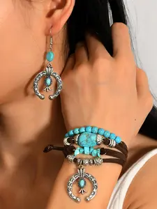 Bohemian Turquoise Beaded Earrings Bracelet Set, Moon Pendant Design, Elegant Style, All Seasons Jewelry, Women Accessories