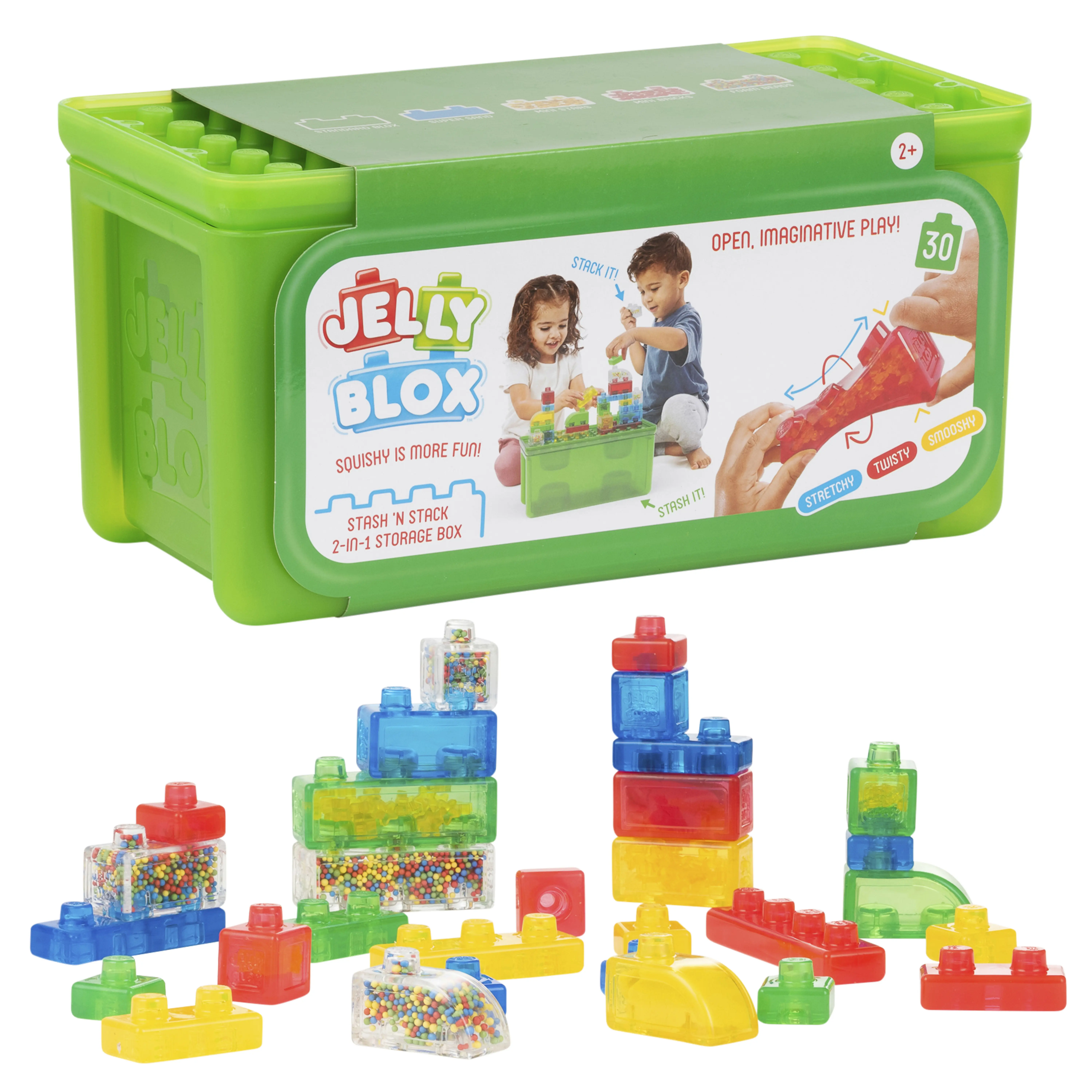 Jelly Blox Stash & Stack 2in1 Storage Case with 30 Colorful Blocks for Tactile Sensory Play and Developmental Fun Ages 2+