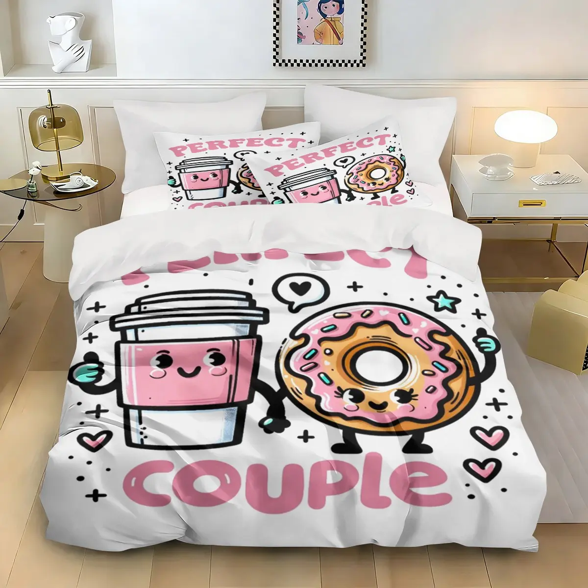 3pcs Valentine's Day Bedding Set, Cartoon Coffee & Donut Couple Duvet Cover, 2 Pillowcases, No Inserts, Polyester Print, One Size