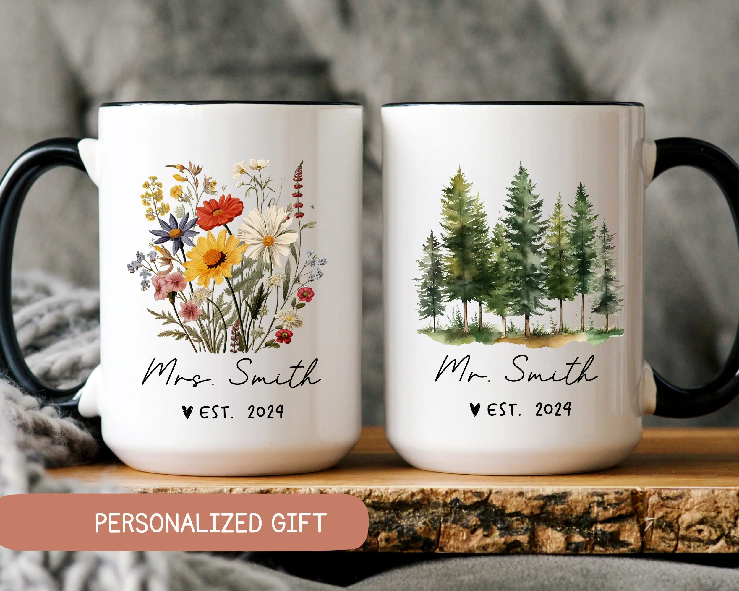 Sturdy Glossy Printed Personalized Mr and Mrs Ceramic Coffee Mugs - Custom Last Name, Year, Couple Tea Cups for Wedding, Anniversary Gifts