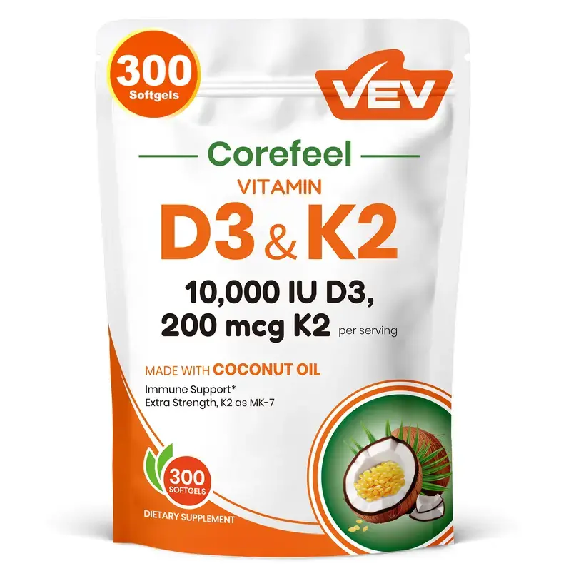 VEV Corefeel Vitamin D3 K2 10000 IU Softgels, 2-in-1 D & K Vitamin Supplement, Infused with Virgin Coconut Oil, 300 Softgels, Dietary Supplement
