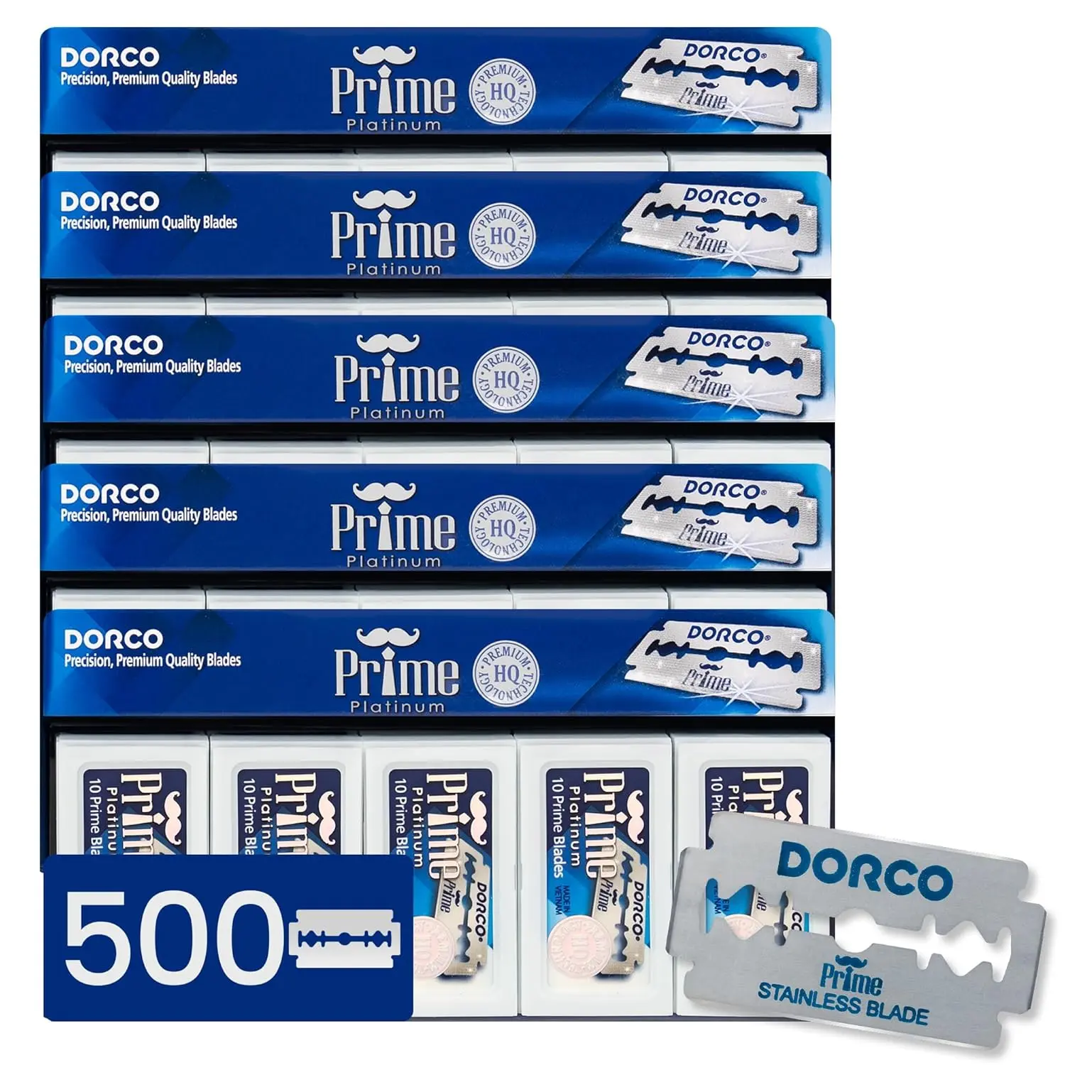 DORCO STP301 Prime Platinum Double Edge Razor Blades, 500 Count, Unscented Stainless Steel for Smoothest Shave and Body Hair Removal, Universal Fit
