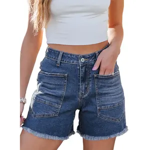 Summer High Waisted Stretchy Zimbaplatinum Raw Hem Denim Shorts with Pockets