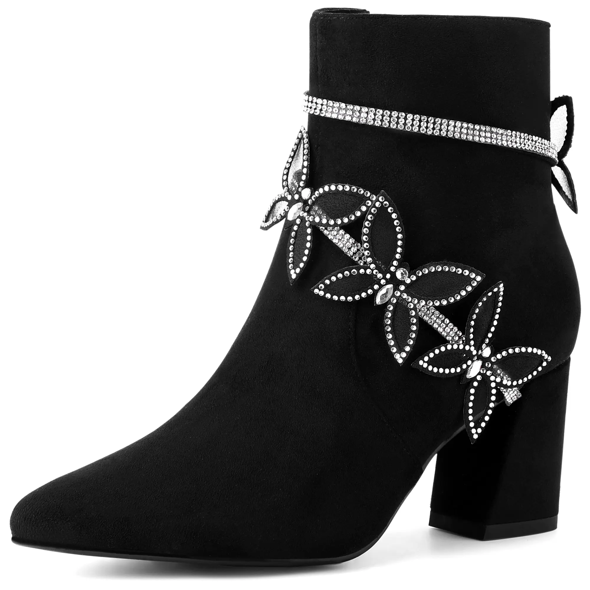 BLISSFUL STEP Women's Butterfly Strap Chunky Heels Rhinestone Ankle Boots