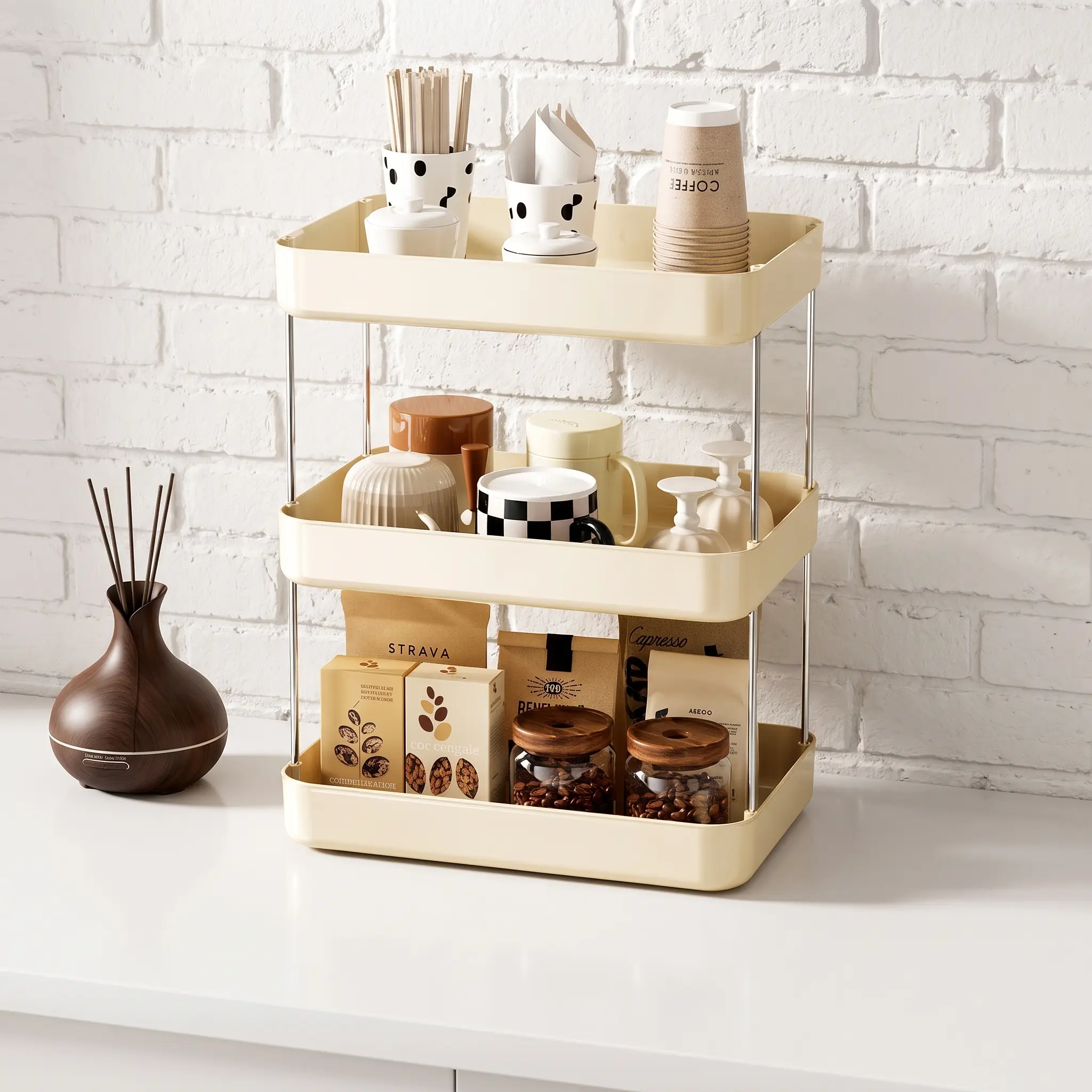 Cream White 3-Tier Countertop Organizer Shelf, Vertical Storage Rack with Sturdy Iron Frame, ABS/PET Trays for Kitchen, Coffee Bar, Vanity & Desk, Easy Assembly & Easy Clean