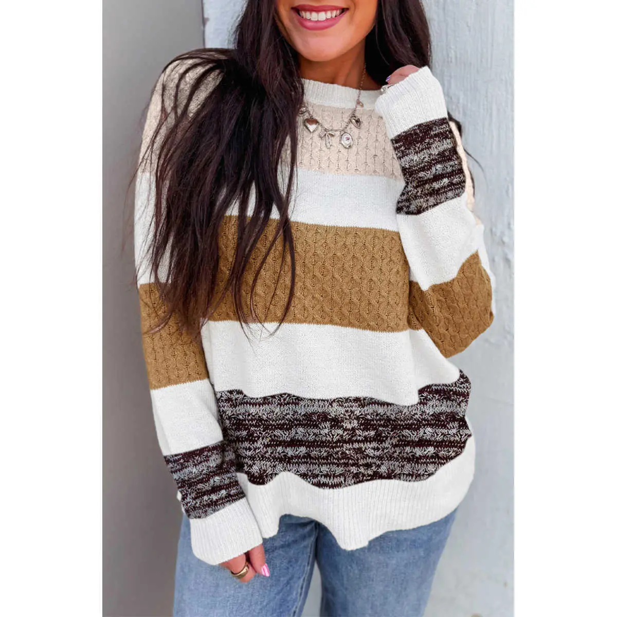 SHAPUM Brown Mixed Texture Knit Striped Color Block Loose Sweater
