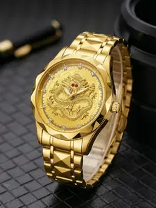 Men's Quartz Watch, Dragon Pattern, Diamond Accents, Casual Business Style, Round Analog Face, Alloy Case, Four Seasons Wear, Quartz Wristwatch, Quartz Analog Watches