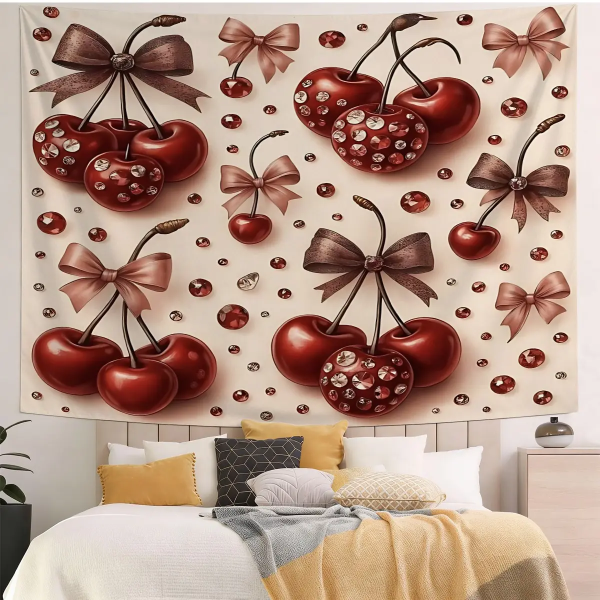 A Vibrant Cherry and Bow Print Tapestry Easily Conceals Wall Imperfections, Transforming Your Space At Low Cost. Perfect for A Girl'S Room, Rental Apartment, or Dormitory Room – A Unique Wall Decoration.
