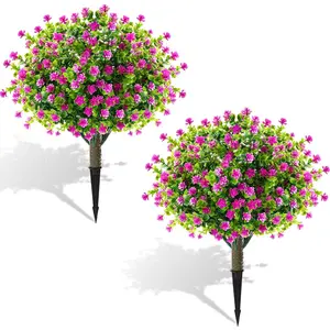2 Pcs Artificial Topiary Ball 22" with Colorful Flowers, Boxwood Fake Bushes Shrubs with Spike, UV Resistant Plants for Front Porch (Purple)