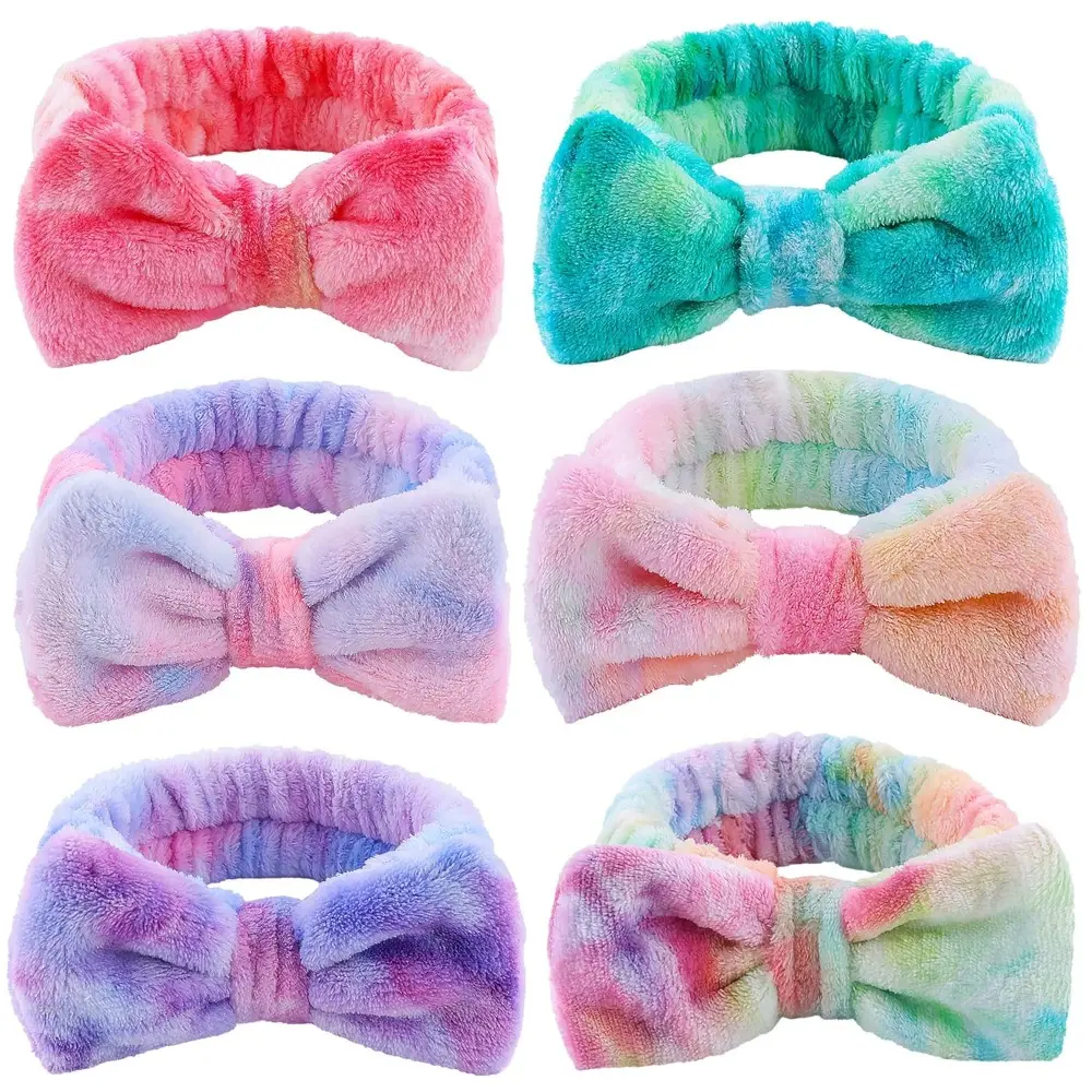 Women's 6-Piece Tie-Dye Soft Coral Fleece Elastic Skincare Headband, Washable Reusable Hair Accessories & Skincare Tool for Facial Makeup, Shower