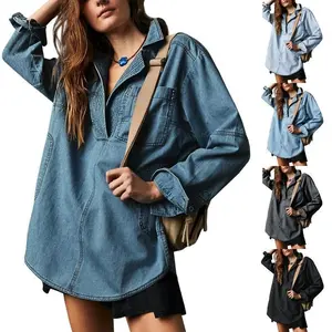 S~2XL women's denim pullover casual and comfortable button down V-neck shirt loose top long sleeved denim jacket with pockets