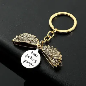 Retro Sunflower Keychain Inspirational Gifts for Women Men, DIY Key Ring with Slogan Engraved Pendant, Ideal Motivational Bithday Christmas Gifts for Best Friend Student Graduation - Keep Fucking Going Keychain