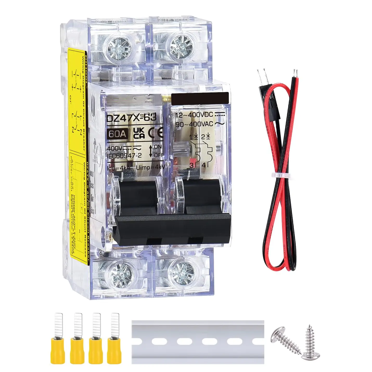 AC DC Miniature Circuit Breaker,60 Amp 12-240V 2 Pole Remote Controll by Signal Tripping,DIN Rail Mount Solar Disconnect