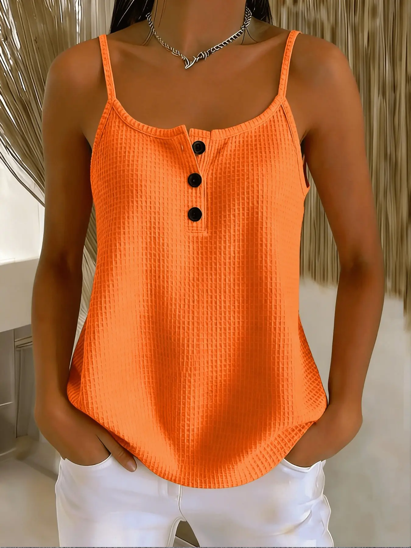 Plus Size Women's Waffle Pattern Tank Top, Casual Sleeveless Spaghetti Strap Henry Collar Three Button Design, Summer Slim-Fit Breathable Knitted Underwear, Breathable Sleeveless Tops
