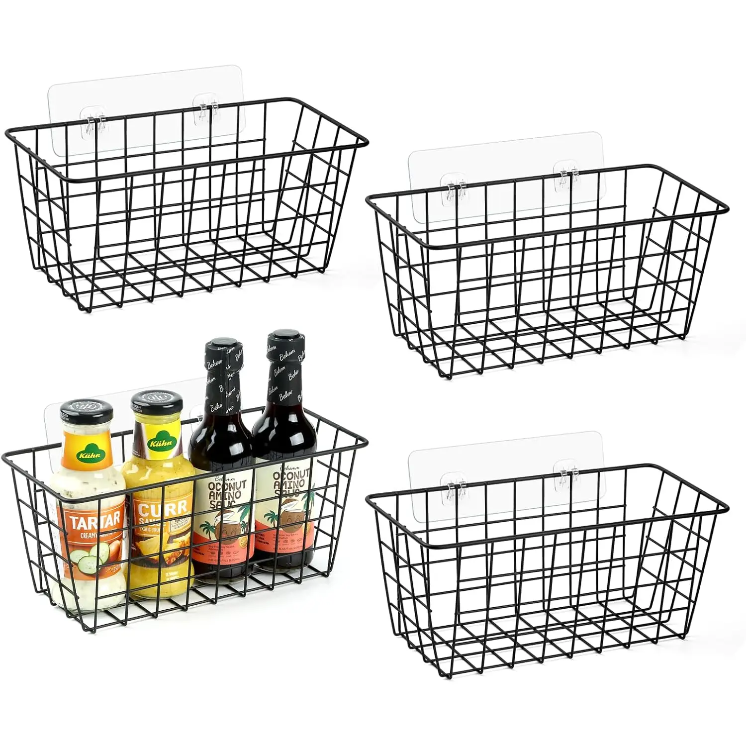 2 Pack Hanging Kitchen Baskets, Adhesive Wire Wall Storage Basket, No Drilling Hanging Fruit Baskets, Cabinet Door Organizer for Kitchen Bathroom Pantry, Upgrade Super-Sized Adhesive ZUSHALLMY