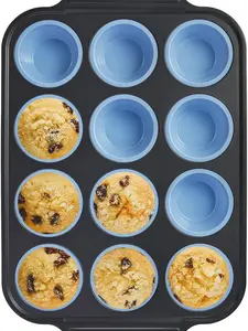 Silicone Muffin Pan with Metal Frame, 12-Cup Egg Bite Molds and Cupcake Pans, Regular Size Muffin Tins, Nonstick, Non-Toxic Bakeware for Oven, Blue