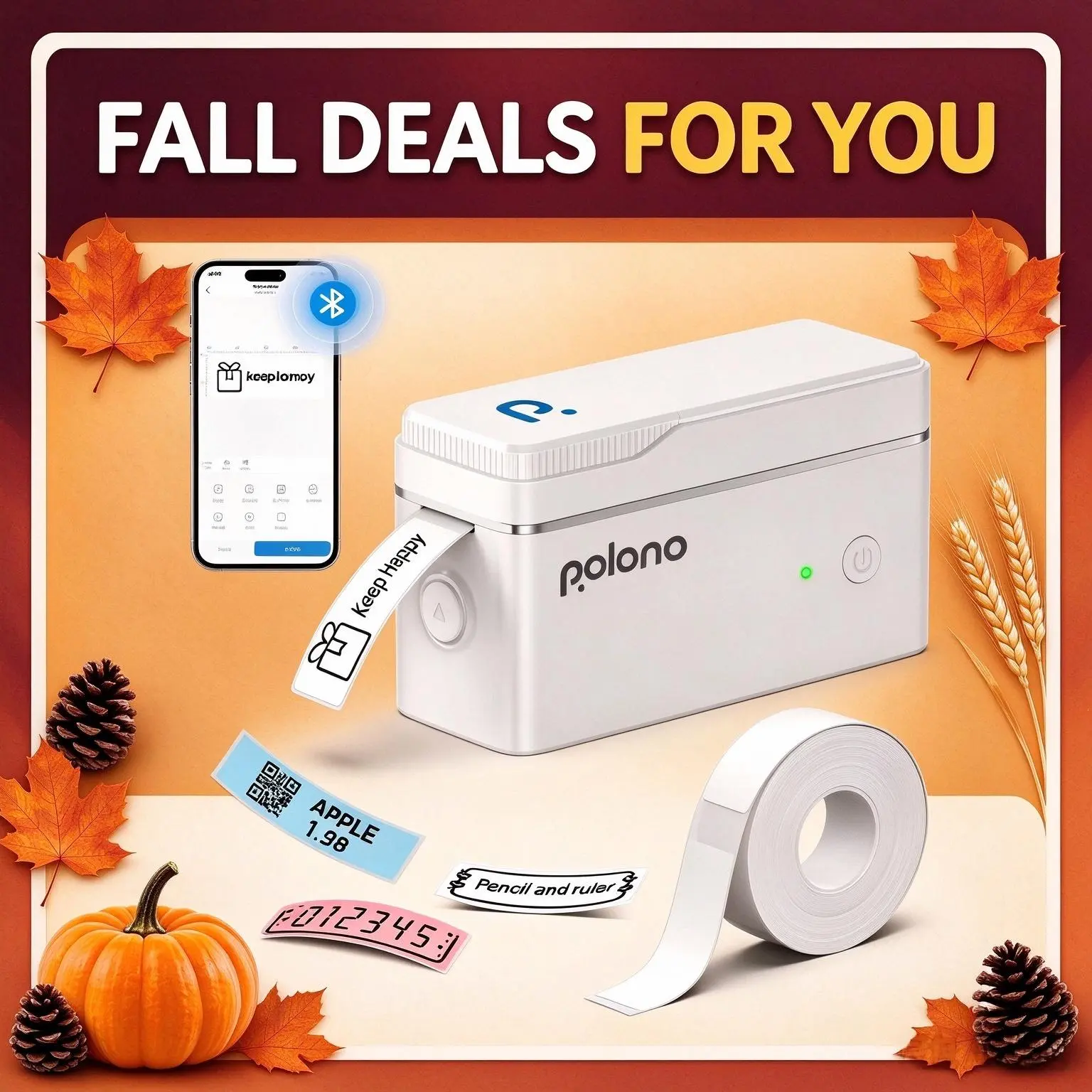 POLONO 1 x P31S Label Maker Inkless Printer - 203 DPI Output, Wireless, High-Speed Chip, Battery-Powered, Pocket-Sized with Tape, for iOS/Android, Back to School Study Notes & Organization (Sohochic)