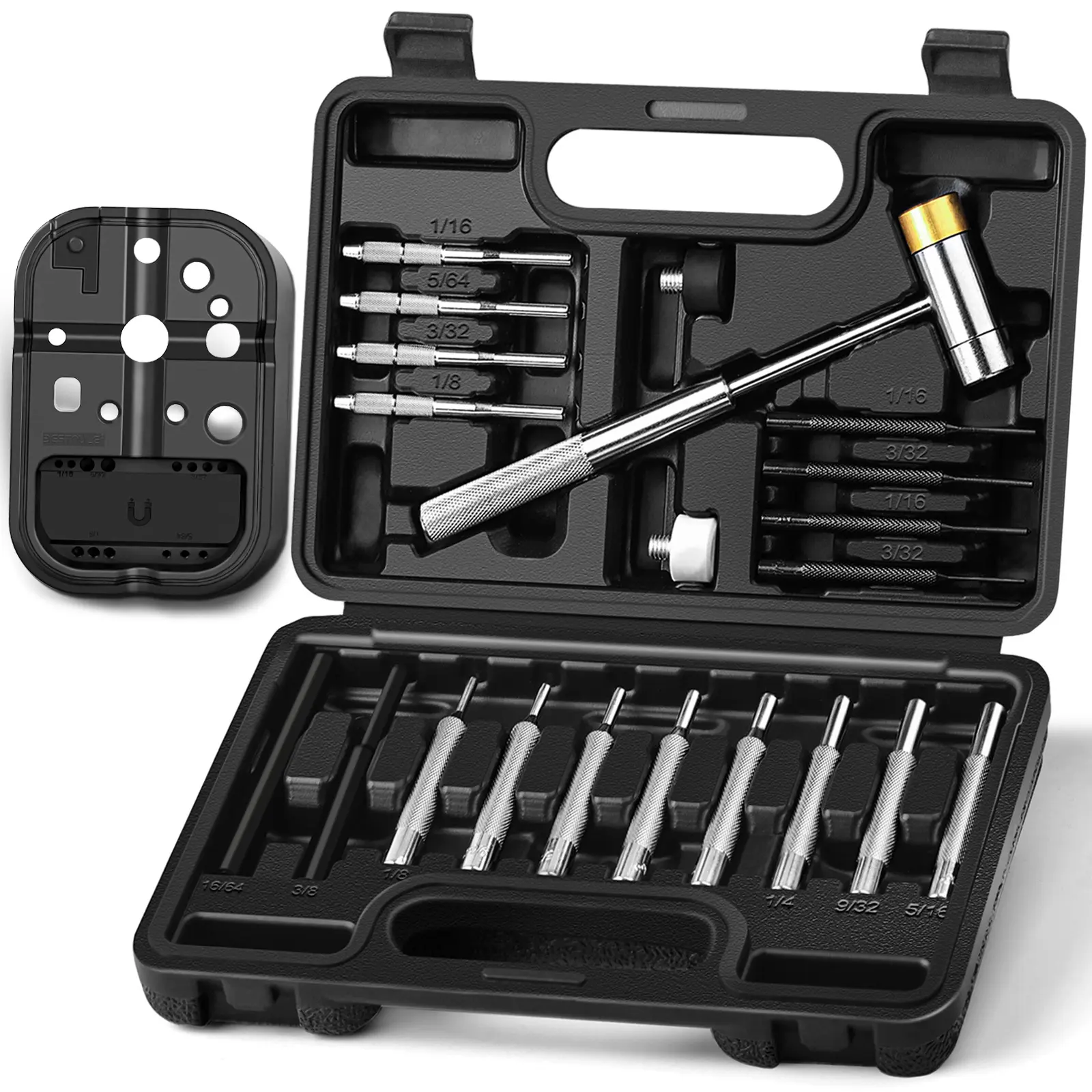 BESTNULE 1 Set All-in-1 Punch Set with Bench Block, 1/8"-5/16" Carbon Steel Pin Punches, 4 Detachable Hammer Heads, Chrome Vanadium Steel, Ideal for Jewelers, Includes Organizer Storage Box (3D Tested for Vehicles), All-In-1 Set, Carbon Steel Punches