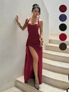 Women's Summer Elegant Halter Tie Front Ruffled Dress, Sleeveless Slim Fit Long Dress, Perfect for Dates, Parties, Weddings, Travel