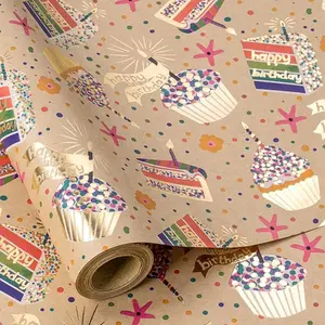 RUSPEPA Birthday Wrapping Paper for Girls, 17 in x 16.4 ft, Mini Roll, Gold Foil Birthday Cake and Dot Pattern Great, Kraft Wrapping Paper Roll for Girls, Boys, Birthday, Party and Holiday