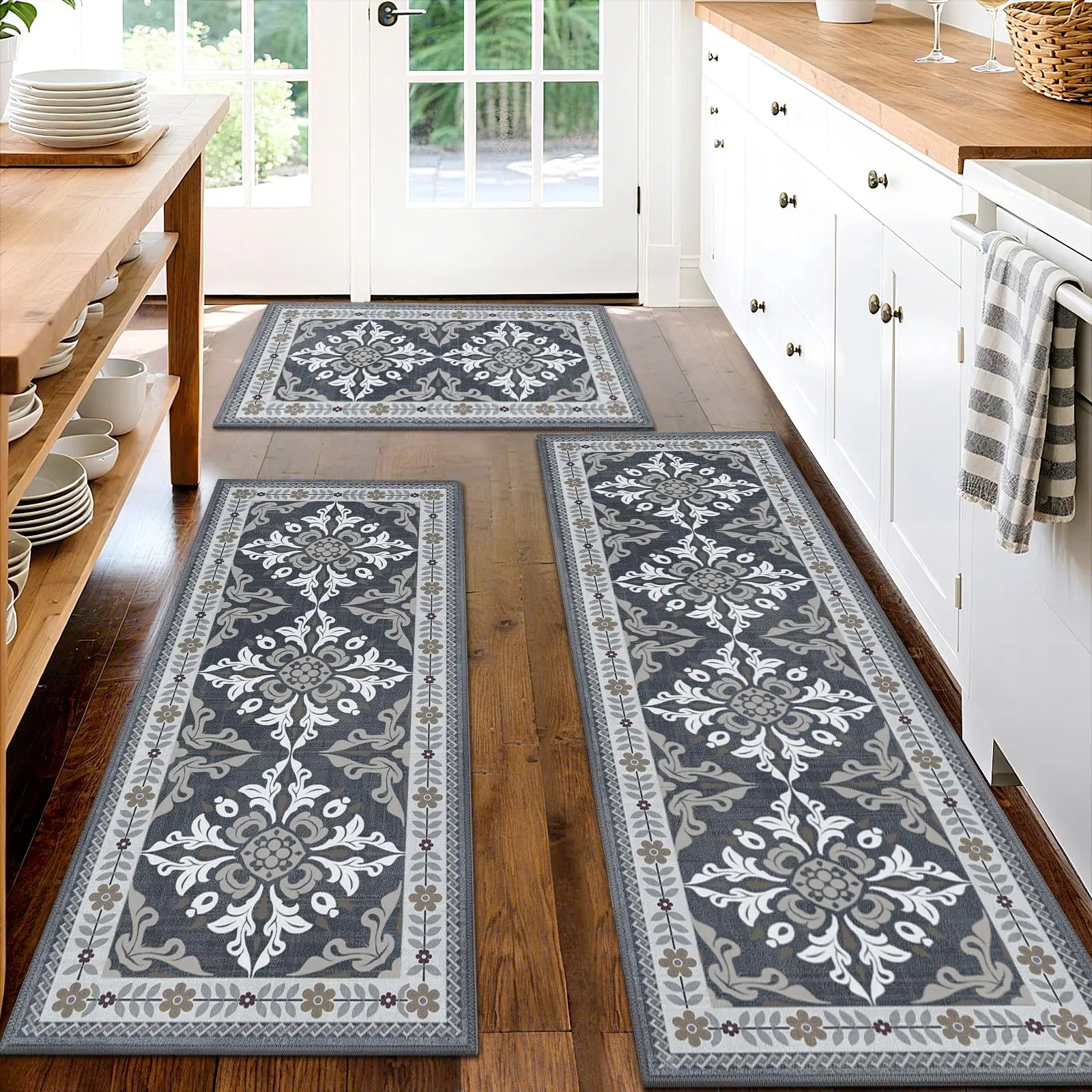 3-Piece Soft Non-Slip Bohemian Kitchen Rug Set, Washable Floor Mats, Low Height Kitchen Area Rugs, Ideal for Kitchen Laundry Room Hallway Decor