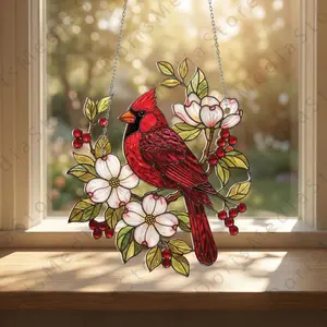 Cardinal Stained Glass Suncatcher – Red Bird Acrylic Window Hanging Ornament, Memorial Gift, Nature-Inspired Home Decor