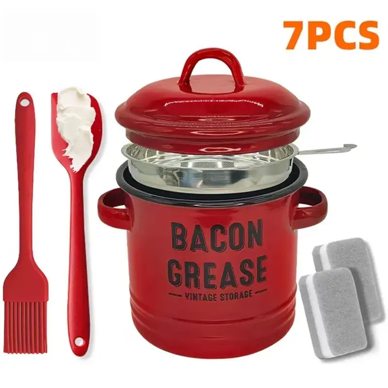 46OZ Bacon Grease Container with Strainer , Grade Silicone Spatula& Silicone brush, Enamel Bacon Grease Keeper for Bacon Drippings, Farmhouse  Kitchen Decor, Dishwasher Safe