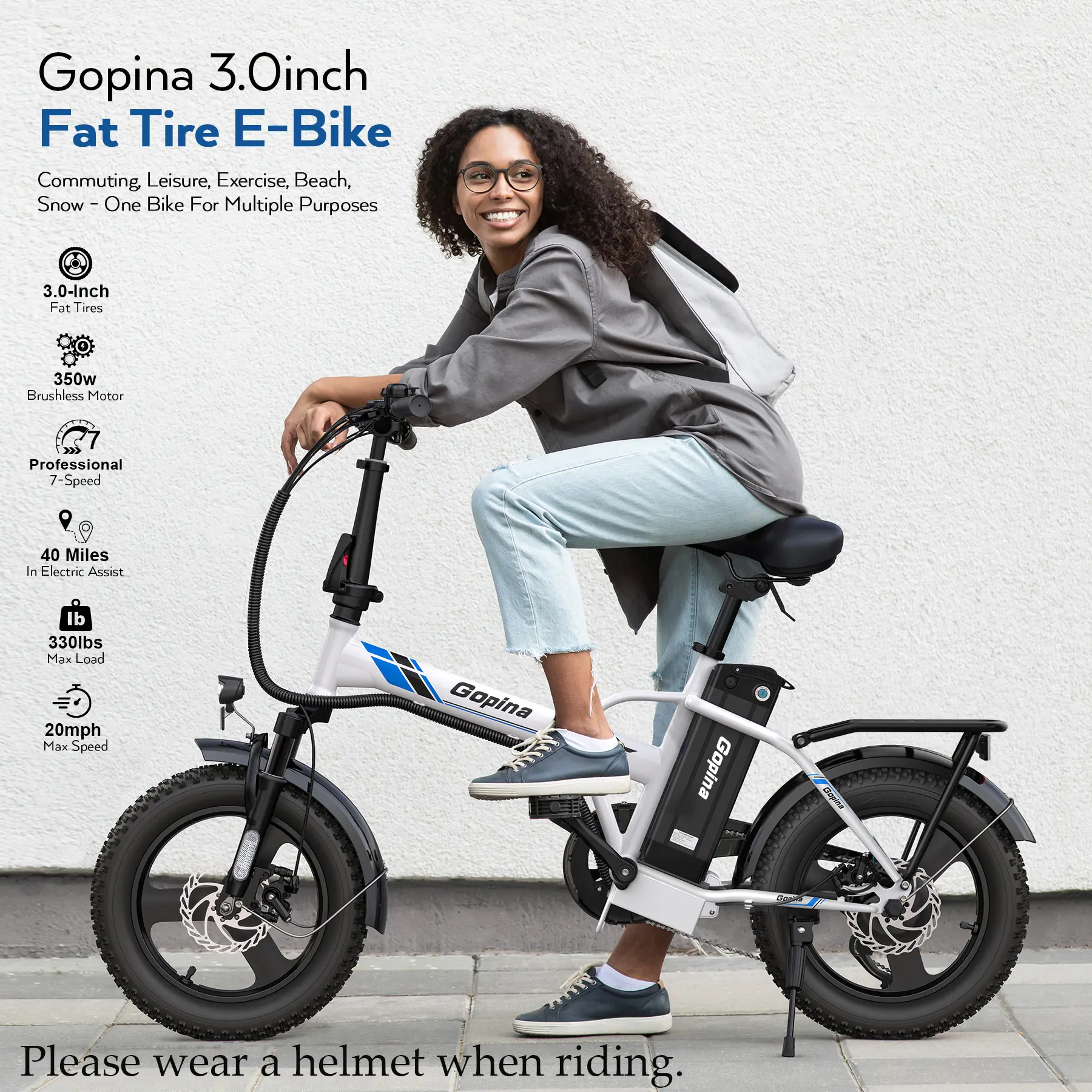 16" x 3.0 VIVI Zephyr Fat Tire Electric Bike, 350W Powerful Motor Folding Electric Bicycle, 48V Removable Battery, Up to 40 Miles, Smart LCD Display, 20mph, 7 Speed