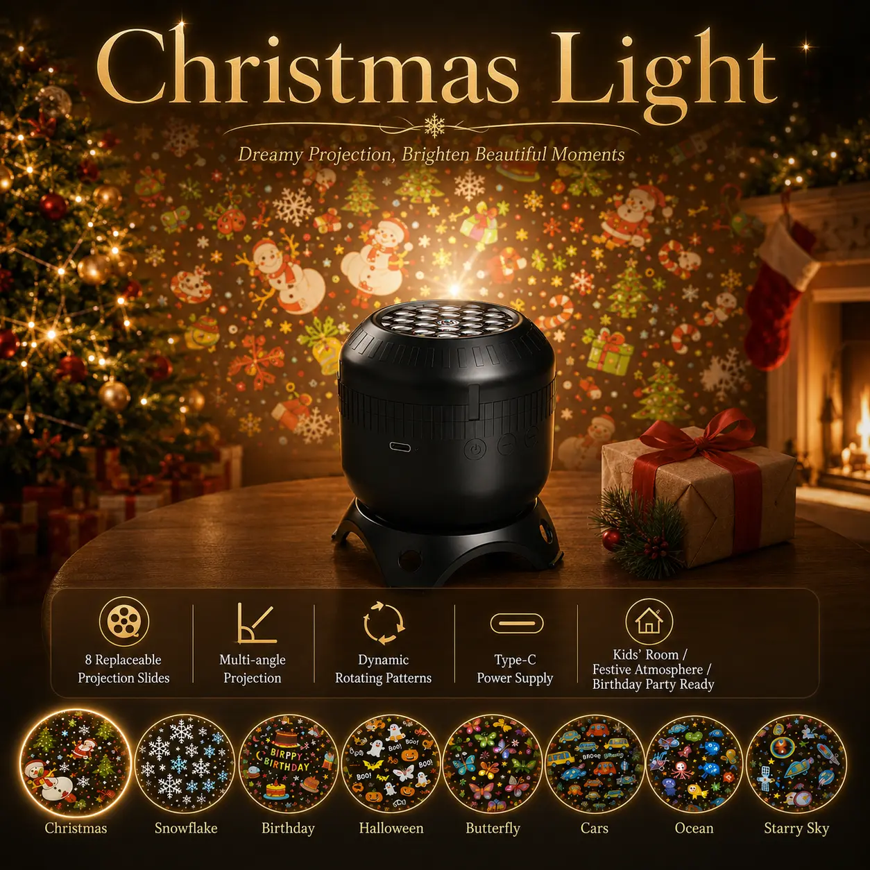 8-in-1 Rotating Projector Night Light with 8 Interchangeable Slides, Multi-Angle LED Ceiling Projector for Kids Bedroom, Christmas Halloween Birthday Party & Room Decor, Type-C Powered