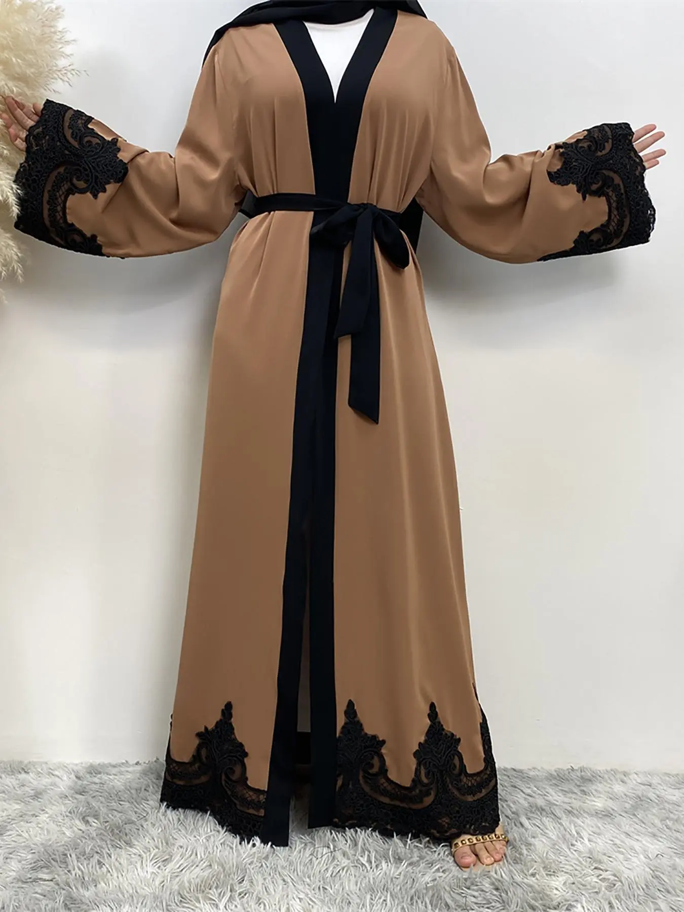 Arabic Clothing-Contrast Lace Long Sleeve Belted Abaya, Contrast Binding Muslim Dress With Belt, Women's Islamic Clothing, Elegant Islamic Clothing, Arabian Dress, Islamic Clothes, Modest Abaya Dress, Modesty Wear, Summer Outfits 2024, Modesty
