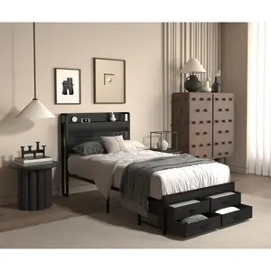 Twin Bed Frames with Headboard, Twin Size Bed Frames with Storage Drawers, Twin Bed, Black Metal Platform Bed Frame, Single Bed Frame, No Box Spring Needed Led Lights Modern